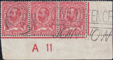 122719 1911 1D DOWNEY DIE 1B WATERMARK CROWN (SG329) USED CONTROL A 11 STRIP OF THREE WITH VARIETY N8f.