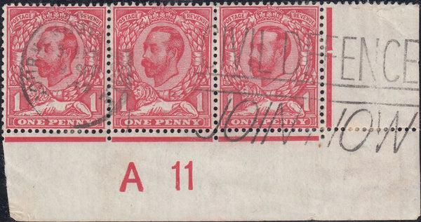 122719 1911 1D DOWNEY DIE 1B WATERMARK CROWN (SG329) USED CONTROL A 11 STRIP OF THREE WITH VARIETY N8f.