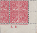 122724 1911 1D DOWNEY DIE 1B WATERMARK CROWN (SG329) CONTROL A 11 BLOCK OF SIX WITH VARIETY N8d.