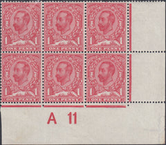 122724 1911 1D DOWNEY DIE 1B WATERMARK CROWN (SG329) CONTROL A 11 BLOCK OF SIX WITH VARIETY N8d.