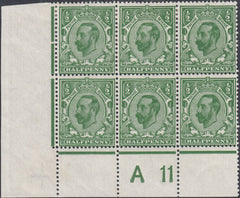 122725 1911 ½D DOWNEY DIE 1B WATERMARK CROWN (SG325) CONTROL A 11 BLOCK OF SIX WITH VARIETY N2h.