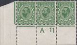 122727 1911 ½D DOWNEY DIE 1B WATERMARK CROWN (SG324) CONTROL A 11 STRIP OF THREE WITH CRACKED PLATE (SPEC N2c).