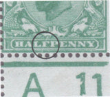 122727 1911 ½D DOWNEY DIE 1B WATERMARK CROWN (SG324) CONTROL A 11 STRIP OF THREE WITH CRACKED PLATE (SPEC N2c).