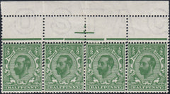 122728 1911 ½D DOWNEY DIE 1B WATERMARK CROWN (SG324) STRIP OF FOUR DOUBLE STRIKE OF PERFORATION.