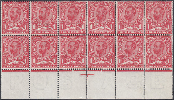 122742 1911 1D DOWNEY DIE 1B WATERMARK CROWN (SG329) DEEP BRIGHT CARMINE SHADE (SPEC N8(5) BLOCK OF TWELVE.