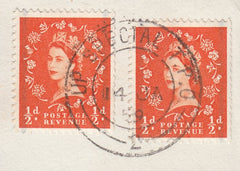 122780 1958-59 ½D WILDINGS WITH T.P.O. CANCELS ON PIECE.