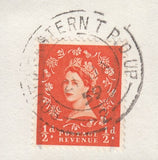 122780 1958-59 ½D WILDINGS WITH T.P.O. CANCELS ON PIECE.