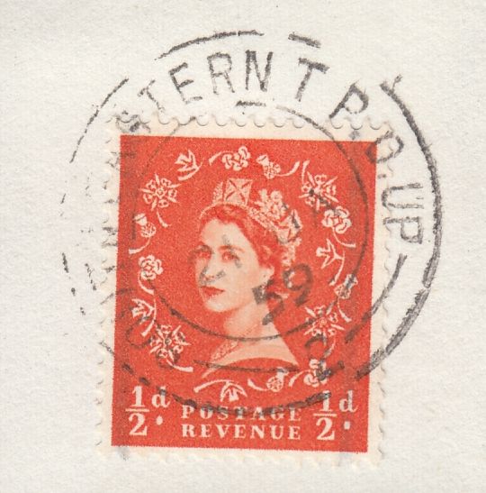 122780 1958-59 ½D WILDINGS WITH T.P.O. CANCELS ON PIECE.