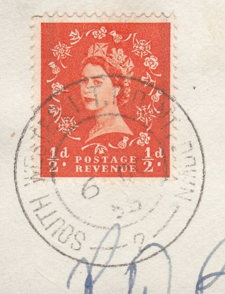 122780 1958-59 ½D WILDINGS WITH T.P.O. CANCELS ON PIECE.