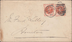 122796 1892 ½D VERMILION (SG197) WITH EXTRA HORIZONTAL PERFORATIONS X 2 USED ON COVER EXETER TO HONITON.