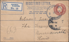 122825 1916 REGISTERED MAIL SHAPWICK TO BOURNEMOUTH WITH 'SHAPWICK BLANDFORD' RUBBER DATE STAMP.