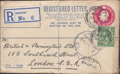 122841 1922 REGISTERED MAIL HERSTON TO LONDON WITH 'HERSTON DORSET' RUBBER DATE STAMP.