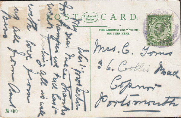 122843 1912 MAIL TO PORTSMOUTH WITH 'MOSTERTON SHERBORNE' RUBBER DATE STAMP.