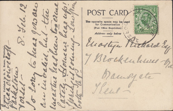 122851 1912 MAIL TO RAMSGATE WITH 'PARKSTONE DORSET' SKELETON DATE STAMP.