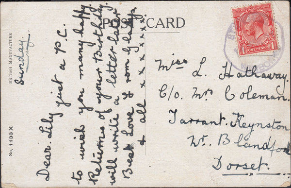 122857 1921 MAIL TO TARRENT KEYNSTON DORSET WITH 'STAPEHILL WIMBORNE' RUBBER DATE STAMP.