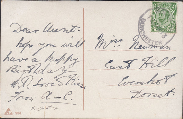 122861 1913 MAIL TO EVERSHOT DORSET WITH 'HOLYWELL DORCHESTER' RUBBER DATE STAMP.