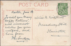 122862 1914 MAIL TO ILMINSTER WITH 'HORTON BLANDFORD' RUBBER DATE STAMP.