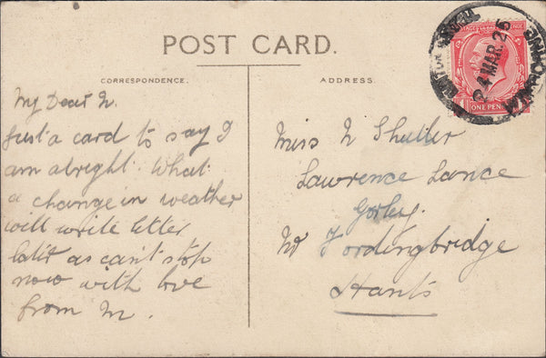 122864 1925 MAIL TO FORDINGBRIDGE WITH 'HINTON MARTELL WIMBORNE' RUBBER DATE STAMP.