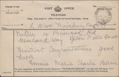 122881 1950 POST OFFICE TELEGRAM WITH 'UPTON POOLE DORSET' DATE STAMP.