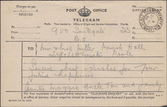 122882 1950 POST OFFICE TELEGRAM WITH 'LYTCHETT MINSTER/POOLE DORSET' DATE STAMP.