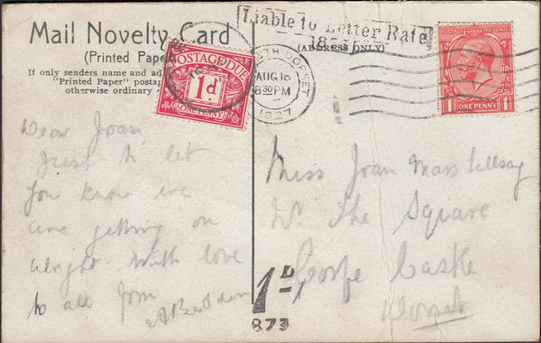 122919 1927 UNDERPAID NOVELTY POST CARD WEYMOUTH TO CORFE CASTLE.