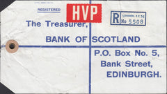 122944 1964 HIGH VALUE PACKET (HVP) PARCEL TAG SENT REGISTERED MAIL LONDON TO EDINBURGH WITH £1 CASTLE ISSUE.