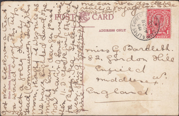 122945 1913 MAIL CANADA TO MIDDLESEX WITH 1D DOWNEY CANCELLED 'CAMP AND LEVIS EXPRESS R.P.O' DATE STAMP.