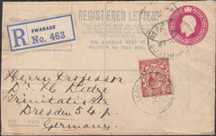 122960 1922 REGISTERED MAIL SWANAGE TO DRESDEN.