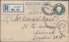 122961 1921 REGISTERED MAIL WEYMOUTH TO 'OSWALD MARSH' STAMP DEALER.