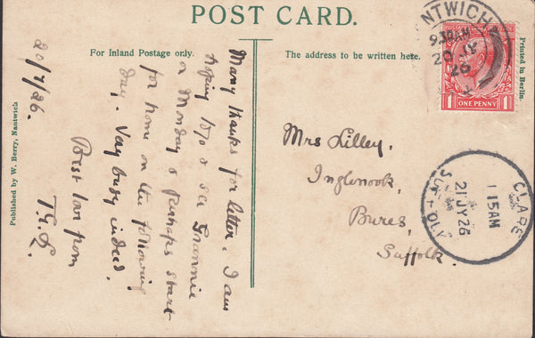 122967 1926 MAIL TO BURES SUFFOLK WITH 'CLARE SUFFOLK' SKELETON DATE STAMP.