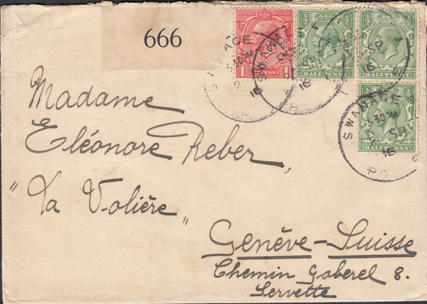 122972 1916 MAIL SWANAGE TO GENEVA WITH 'SWANAGE DORSET' SKELETON DATE STAMP.