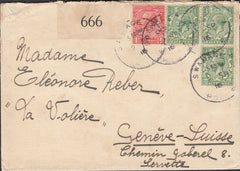 122972 1916 MAIL SWANAGE TO GENEVA WITH 'SWANAGE DORSET' SKELETON DATE STAMP.