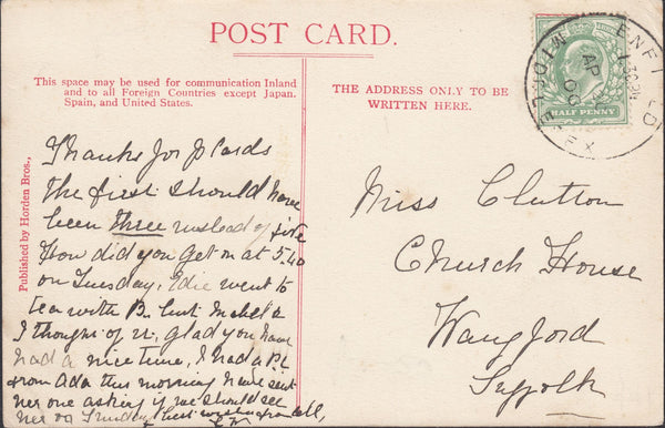 123005 1906 MAIL TO WANGFORD (SUFFOLK) WITH 'ENFIELD/MIDDLESEX' SKELETON DATE STAMP.