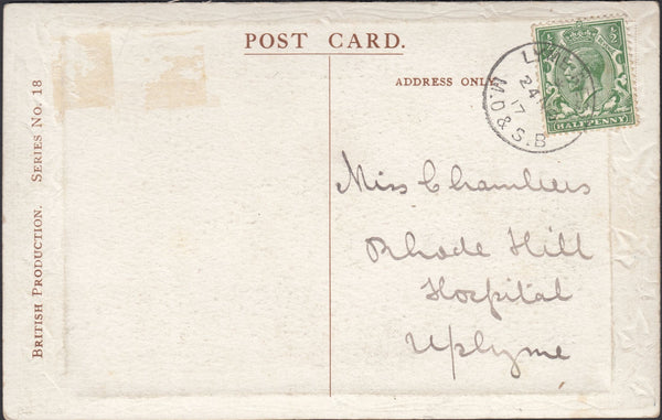 123077 1917 MAIL USED IN DORSET WITH 'LYME REGIS/M.O. AND S.B' DATE STAMP.