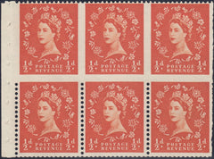 123114 1955-58 ½D WILDING BOOKLET PANE OF SIX 'PART PERF' WATERMARK INVERTED (SG540IcWi).