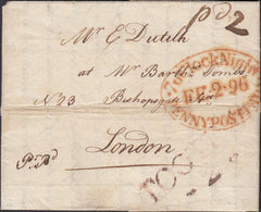 123309 1796 'TOOTING - 2 -' RECEIVING HOUSE HAND STAMP LONDON PENNY POST IN RED (L419a).
