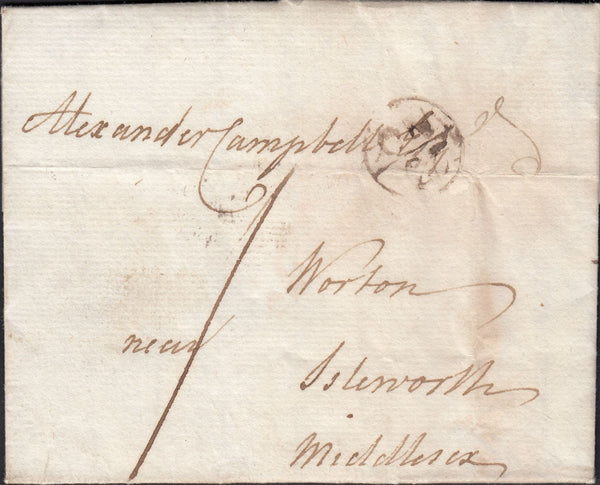 123339 1775 MAIL USED IN LONDON WITH FINE/VERY FINE WESTMINSTER DOCKWRA AND 'HULL' RECEIVER'S HAND STAMP.