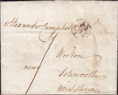 123339 1775 MAIL USED IN LONDON WITH FINE/VERY FINE WESTMINSTER DOCKWRA AND 'HULL' RECEIVER'S HAND STAMP.