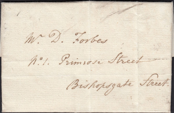 123388 1789 MAIL USED IN LONDON WITH TEMPLE DOCKWRA (L357b) AND 'WILKINS' STRAIGHT LINE RECEIVER'S HAND STAMP.