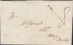 123456 1814 MAIL UPPINGHAM (RUTLAND) TO OLNEY (BUCKS) WITH 'UPPINGHAM' HAND STAMP MILEAGE ERASED? (RU28).