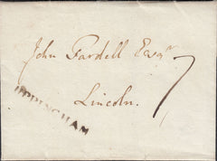 123457 1812 MAIL UPPINGHAM (RUTLAND) TO LINCOLN WITH 'UPPINGHAM' HAND STAMP MILEAGE ERASED? (RU28).