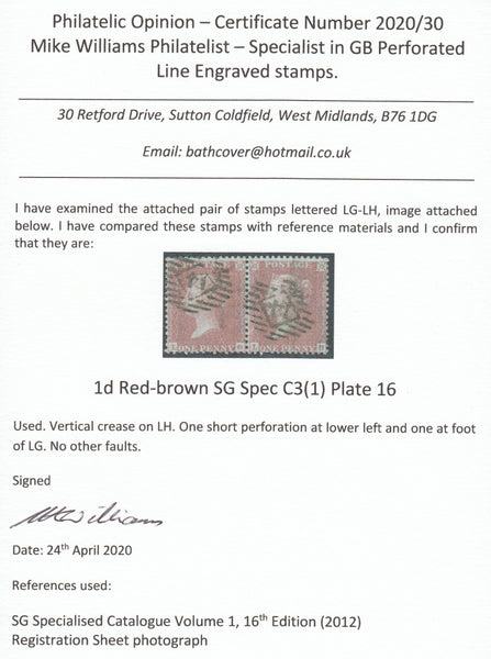 123538 1855 DIE 2 1D PL.16 HORIZONTAL PAIR S.C.14 (SG24) LETTERED LG LH.