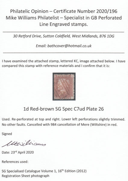 123566 1855 DIE 2 'C7 ABNORMAL' PL.26 (KC)(ALP III WMK SMALL CROWN) WITH GOTHIC K AND VERY FINE '984' NUMERAL OF MERE IN RED (SPEC C7ud).