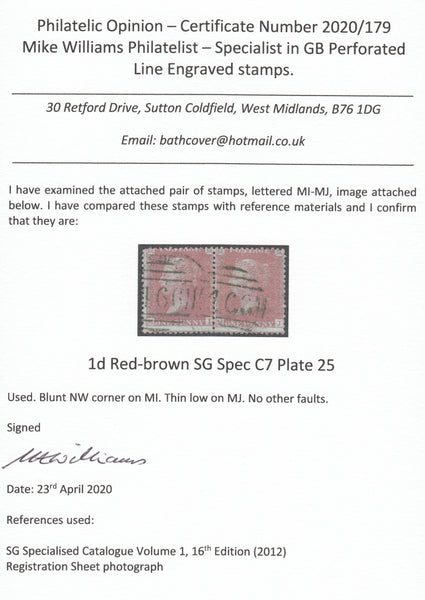 123567 1855 DIE 2 'C7 ABNORMAL' PL.25 (ALP III WMK SMALL CROWN) HORIZONTAL PAIR LETTERED MI MJ.