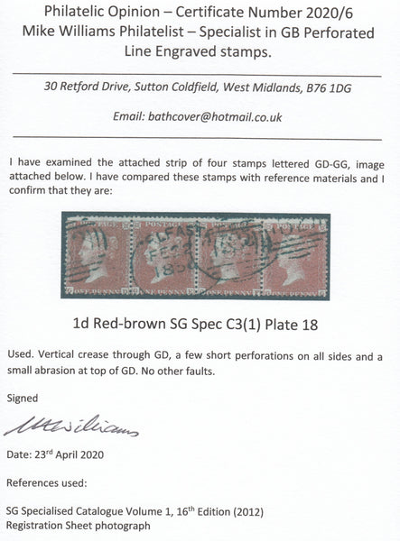123571 1855 DIE 2 1D PL.18 HORIZONTAL STRIP OF FOUR S.C. 14 (SG24) WITH BELFAST SPOON CANCELLATIONS.