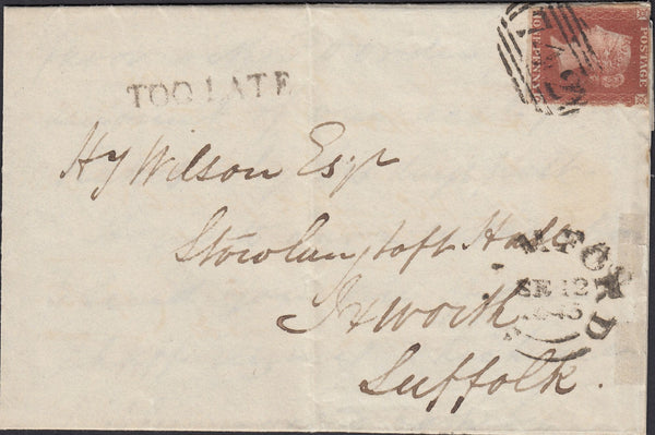 123650 1845 MAIL STAMFORD TO IXWORTH, SUFFOLK WITH 'TOO LATE' HAND STAMP OF STAMFORD (LI1013).