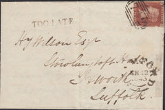 123650 1845 MAIL STAMFORD TO IXWORTH, SUFFOLK WITH 'TOO LATE' HAND STAMP OF STAMFORD (LI1013).