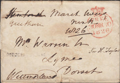 123728 1826 FREE MAIL GREETHAM TO LYME DORSET WITH 'GREETHAM' HAND STAMP (RU3).
