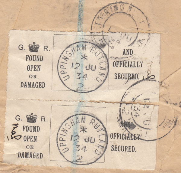 123799 1934 REGISTERED MAIL UPPINGHAM (RUTLAND) TO KETTERING WITH 'OPEN OR DAMAGED/OFFICIALLY SECURED' LABEL.