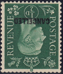 123891 1937 ½D GREEN (SG462a) WATERMARK INVERTED OVERPRINTED 'CANCELLED' TYPE 33 (SPEC Q1s).